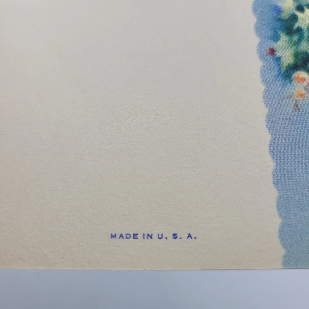 Vintage Christmas Card Candles Holly Berries Unused Made in USA Holiday Greeting